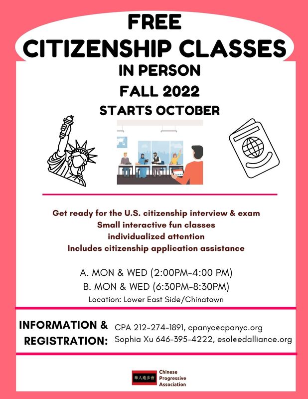 Citizenship class schedule M/W 2-4pm, M/W 6:30-8pm. In person classes