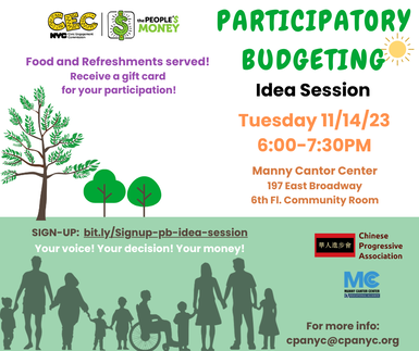 Participatory budgeting Idea generation workshop for the community.  Tues, 11/14/2023 @6-7:30pm